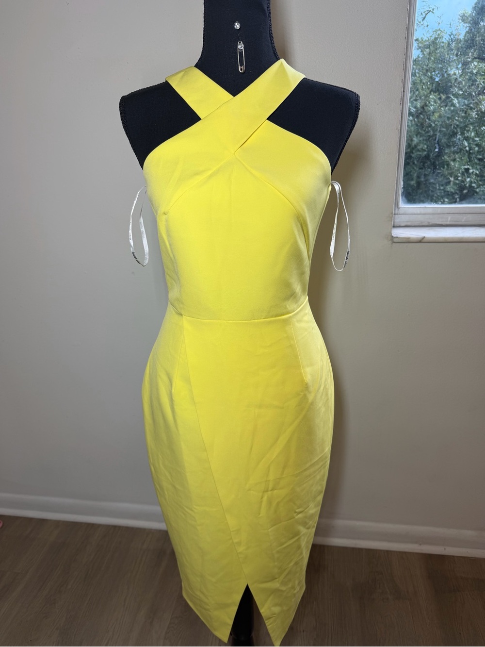 Lavish Alice Yellow Cross Neck Halter Midi Pencil Dress NWT US 4 UK 8